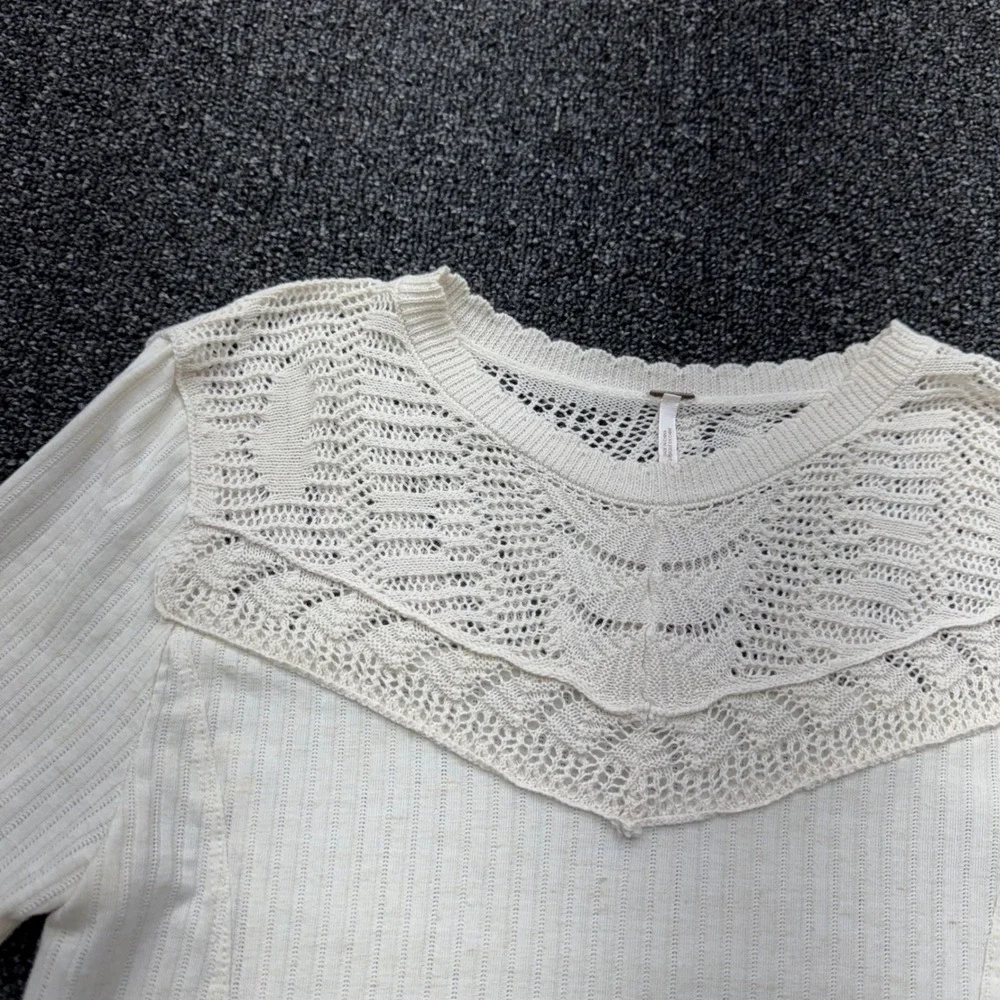 Free People Crochet Lace Ribbed Top Womens XS Cream good boho layering